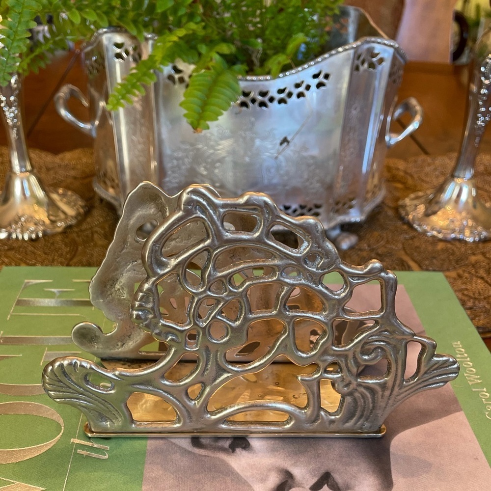 Vintage Solid Brass Letter Napkin Holder, Teleflora 1983, Butterfly Art Nouveau